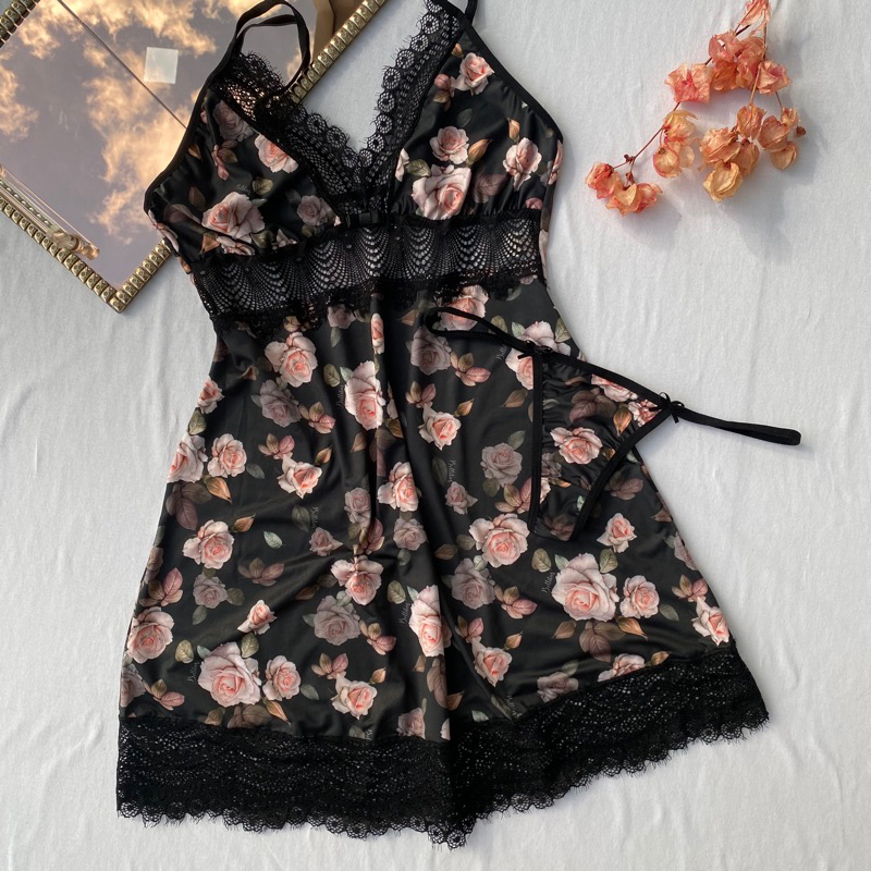 Camisola feminina de renda linha noite pijama com calcinha