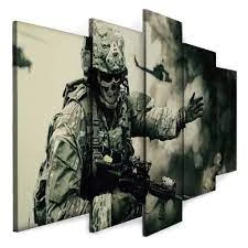 Quadro decorativo 5 peças mosaico soldado guerra militar para sala quarto
