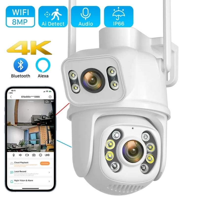 Câmera ANBIUX 4MP Duas Lentes PTZ CCTV sem fio, lente dupla com tela dupla, detecção humana AI, rastreamento automático, PTZ, Wi-Fi, aplicativo iCSee