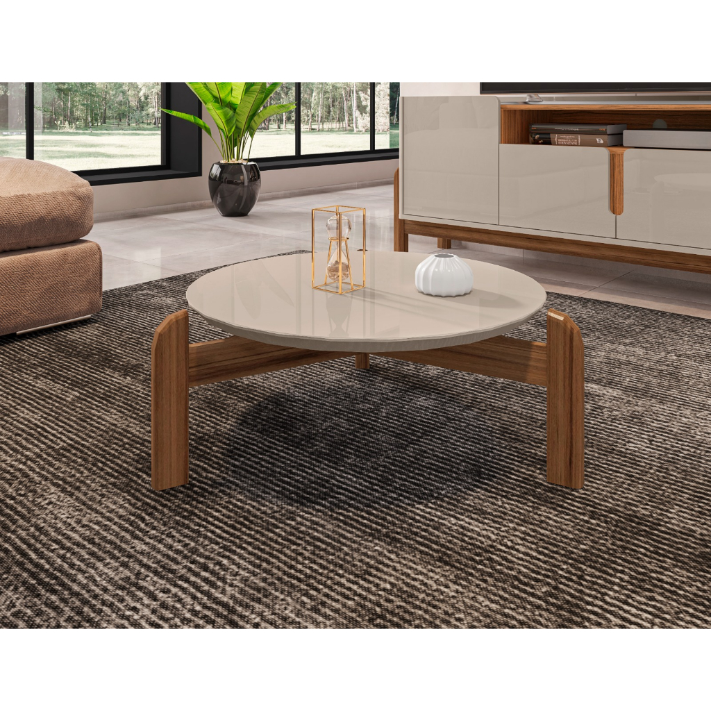 Mesa De Centro Sala Lizz Redonda Com Pés Em Madeira Maciça