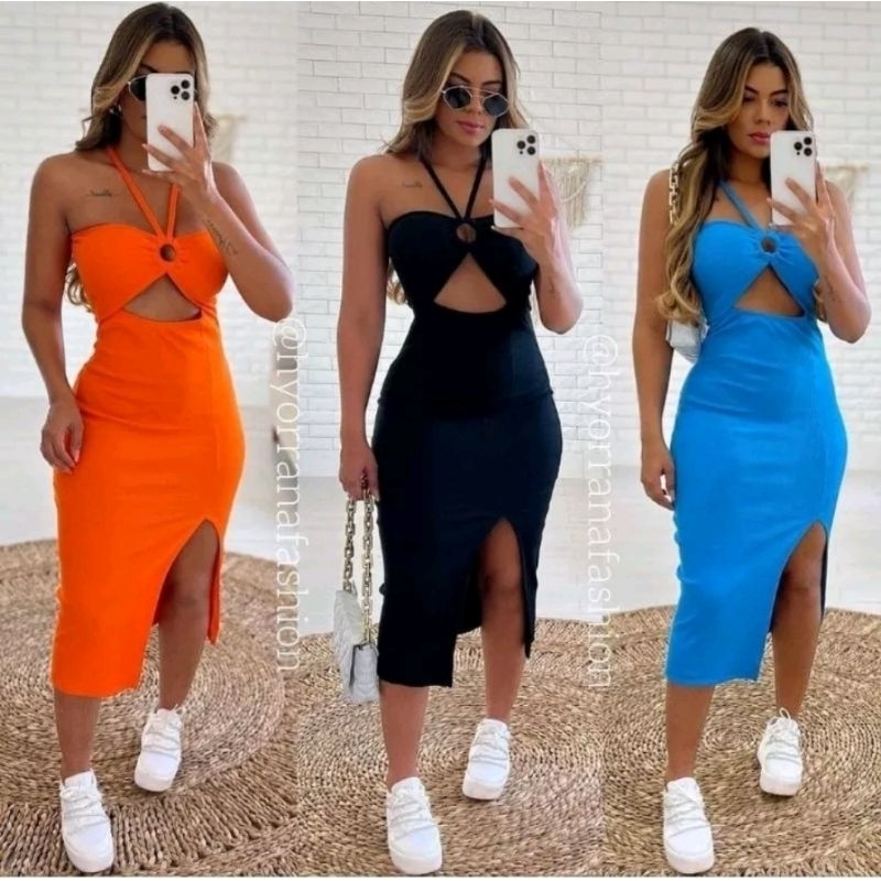 Vestido Canelado Midi com Fenda Lateral Bege