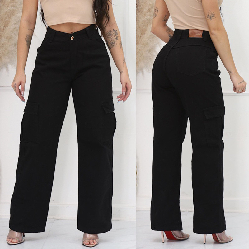 Calça Jeans Feminina Wide Leg Cargo Pantalona Preta Cintura Alta ...