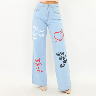 Jeans rasgado graffiti feminino, estampa de letras, cintura alta