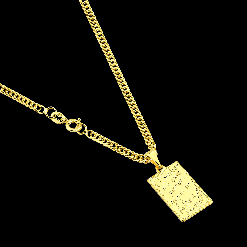 Corrente Cordão Grumet Dupla Lacraia + Pingente Placa Banhados a Ouro 18k