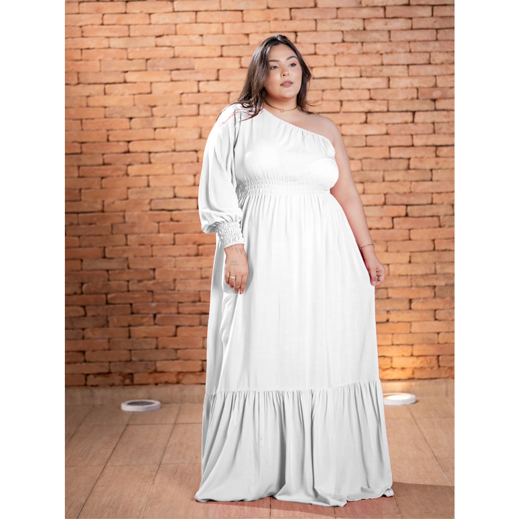Vestido branco longo feminino plus size casamento civil chábebê