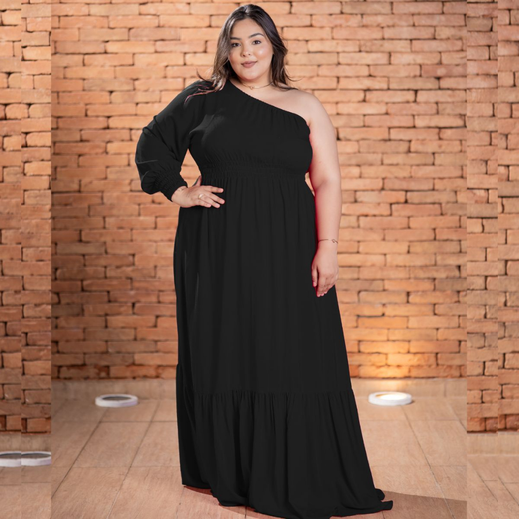 Vestido feminino longo preto casamento convidada plus size manga