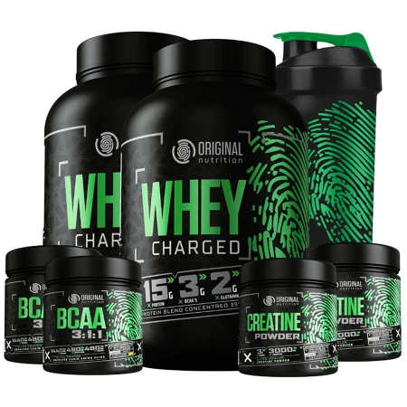 Kit 2x Suplemento em pó Whey Protein Charged + 2 Bcaa + 2 Creatina Shaker coqueteleira Original