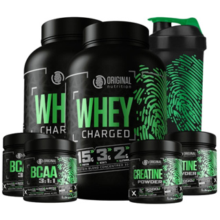 Kit 2x Suplemento em pó Whey Protein Charged + 2 Bcaa + 2 Creatina + Shaker coqueteleira Original Nutrition