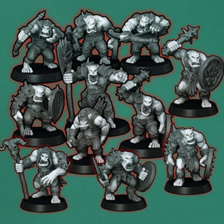 Kit conjunto de 11 miniaturas, personagens Orcs (orks, ogros ou demônios) para RPG estilo medieval - Prontos para pintar - Boss, Soldados, Guerreiros, Arqueiros, Mago, Bruxo, Xamã, Shaman, Marauder - D&D (DnD), Dungeons and Dragons - Base 25mm, 50mm