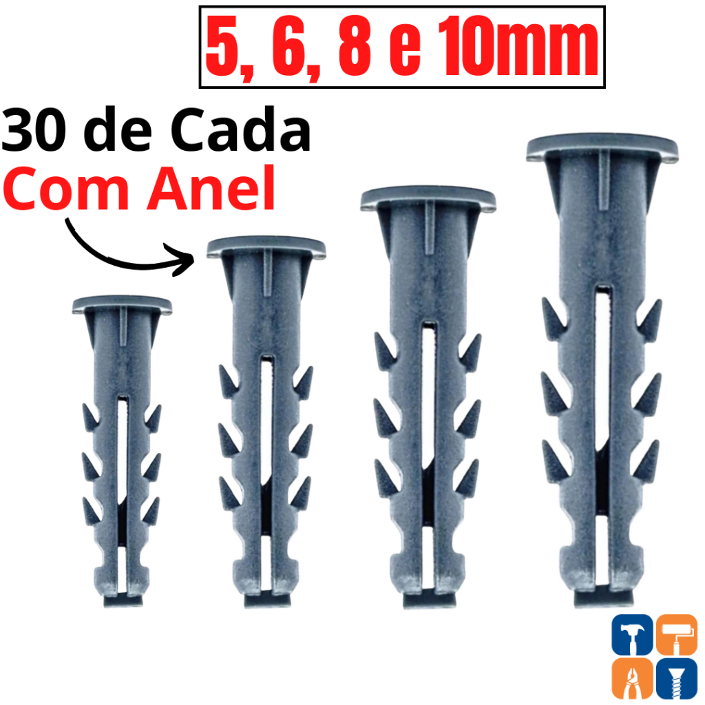 Kit Buchas 5 6 8 e 10mm com Anel Kit Bucha 5 6 8 10 com Aba para Fixação em Parede Concreto