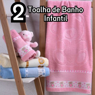 Kit C/ 2 Toalhas De Banho Infantil Barras Com Desenhos Bordados Kids Ponto Cruz 100% Algodão 75x1.10m - Direto De Fábrica - Envio Rápido