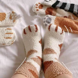 kit 2 Meias Fofos mulheres Meias de tripulação gato de desenho animado pata padrão difuso fofo para inverno