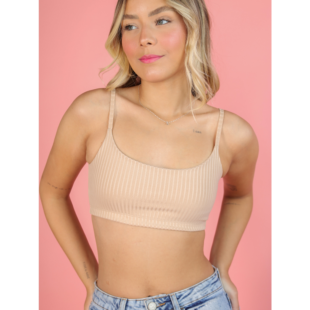 Cropped Top Feminino Alça Básico Duplo Canelado Promoção Moda