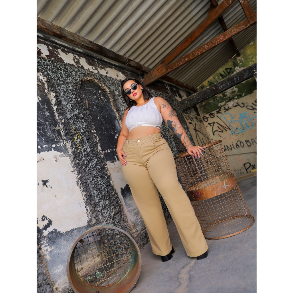 CALÇA JEANS BEGE WIDE LEG PLUS SIZE PREMIUM REF: 0049 | Shopee Brasil