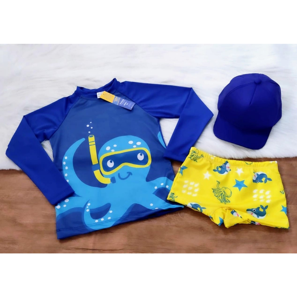 Kit Kit Sunga Infantil + Blusa com Proteção Solar Infantil UV50 + Boné 3 peças