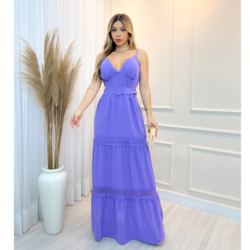 Vestido Longo Feminina Com Bojo Cinto Liso Moda Verão 3RD SD588