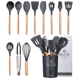 Kit 12 Utensílios De Cozinha Em Silicone E Cabo De Madeira
