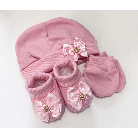 Kit malha bebê RN - touca, luvas e sapatinho rosa iogurte » leve, macio, enxoval, saída maternidade