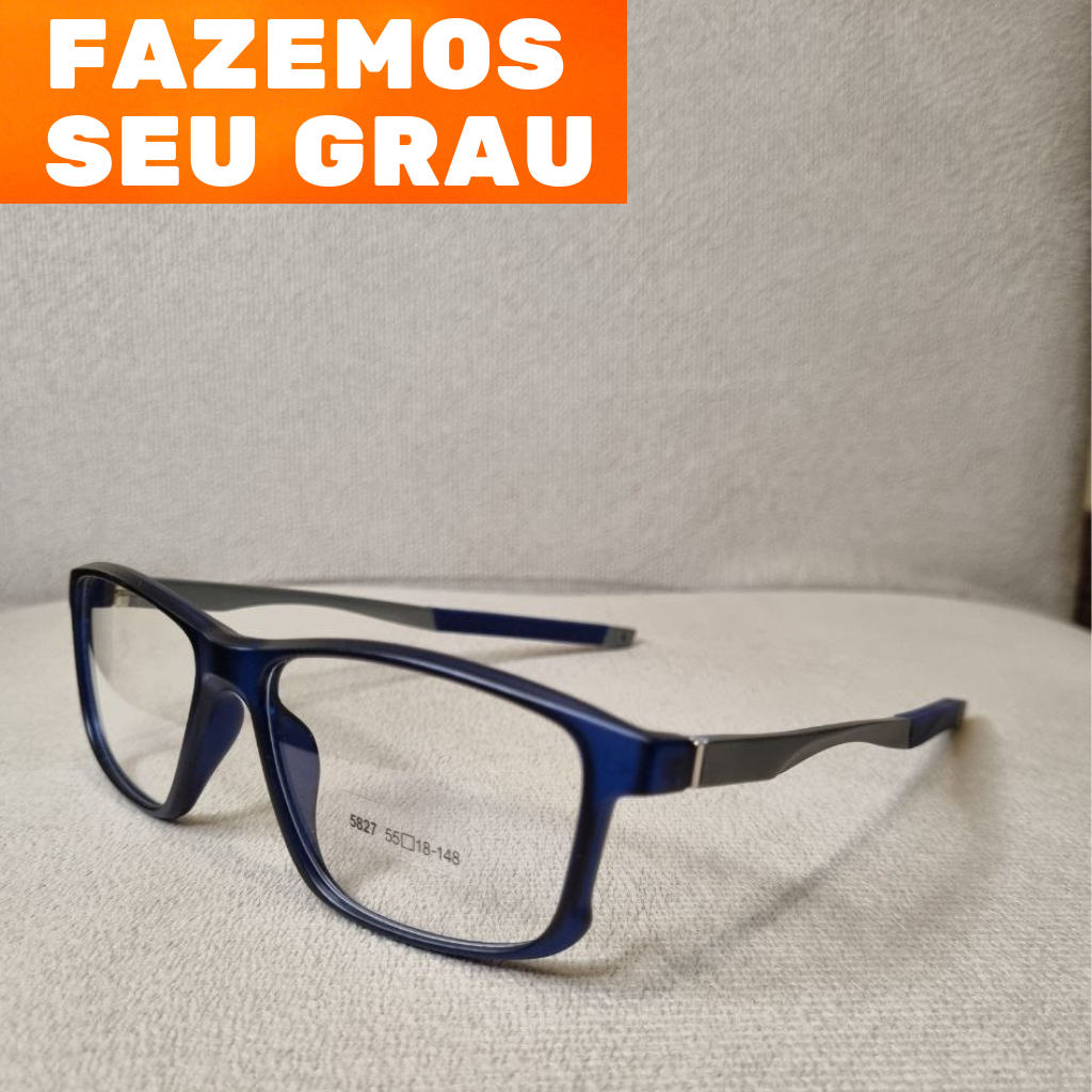 Armação Óculos masculino quadrado esportivo resistente Para colocar seu grau haste em metal estiloso com mola de proteção modelo preto com azul modelo 5827