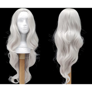 Peruca Branca Longa 75cm Leve Ondulada Sem Franja Cosplay Wig