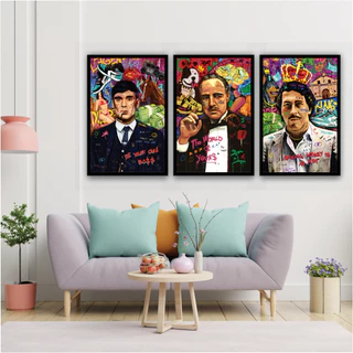 Quadros Decorativos Mosaico 3 Peças 60x40 Tommy Shelby, Don Corleone e Pablo Escobar Quarto Escritório