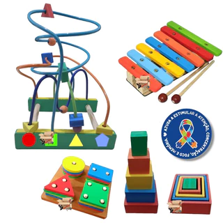 Kit Brinquedo Pedagógico Educativo Em Madeira Aramado G + Prancha Seleção + Xilofone + Cubo De Encaixe
