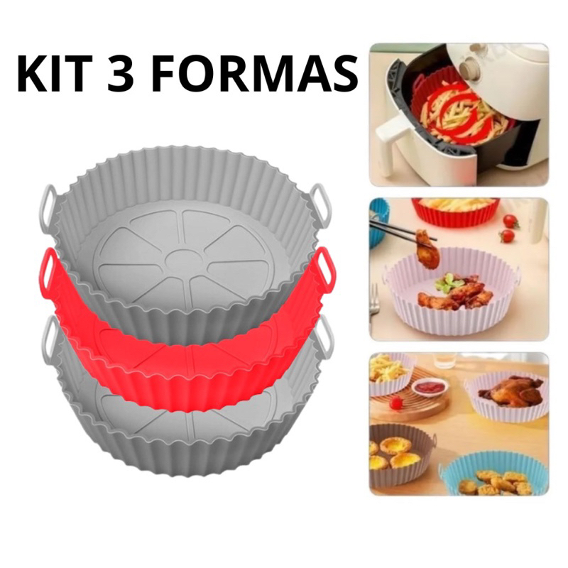 KIT 3 Forma De Silicone Para Air Fryer Forno Microondas Fritadeira Assadeira Reutilizável Antiaderente Flexível