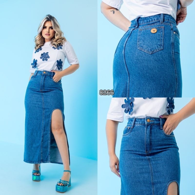 Saia jeans best sale com fenda lateral