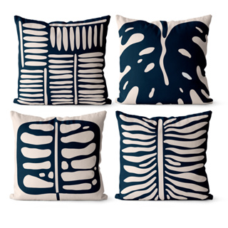 Kit 4 Capas de Almofadas Decorativas Floral Azul Marinho e Bege