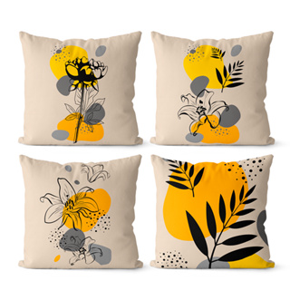 Kit 4 Capas De Almofadas Decorativas Floral Amarelo e Bege