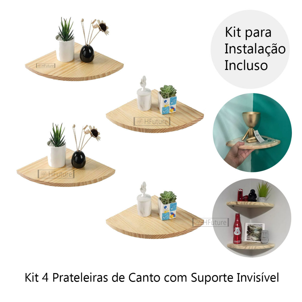 Kit 4 Prateleiras de Canto Madeira Pinus Cantoneira de Parede ...