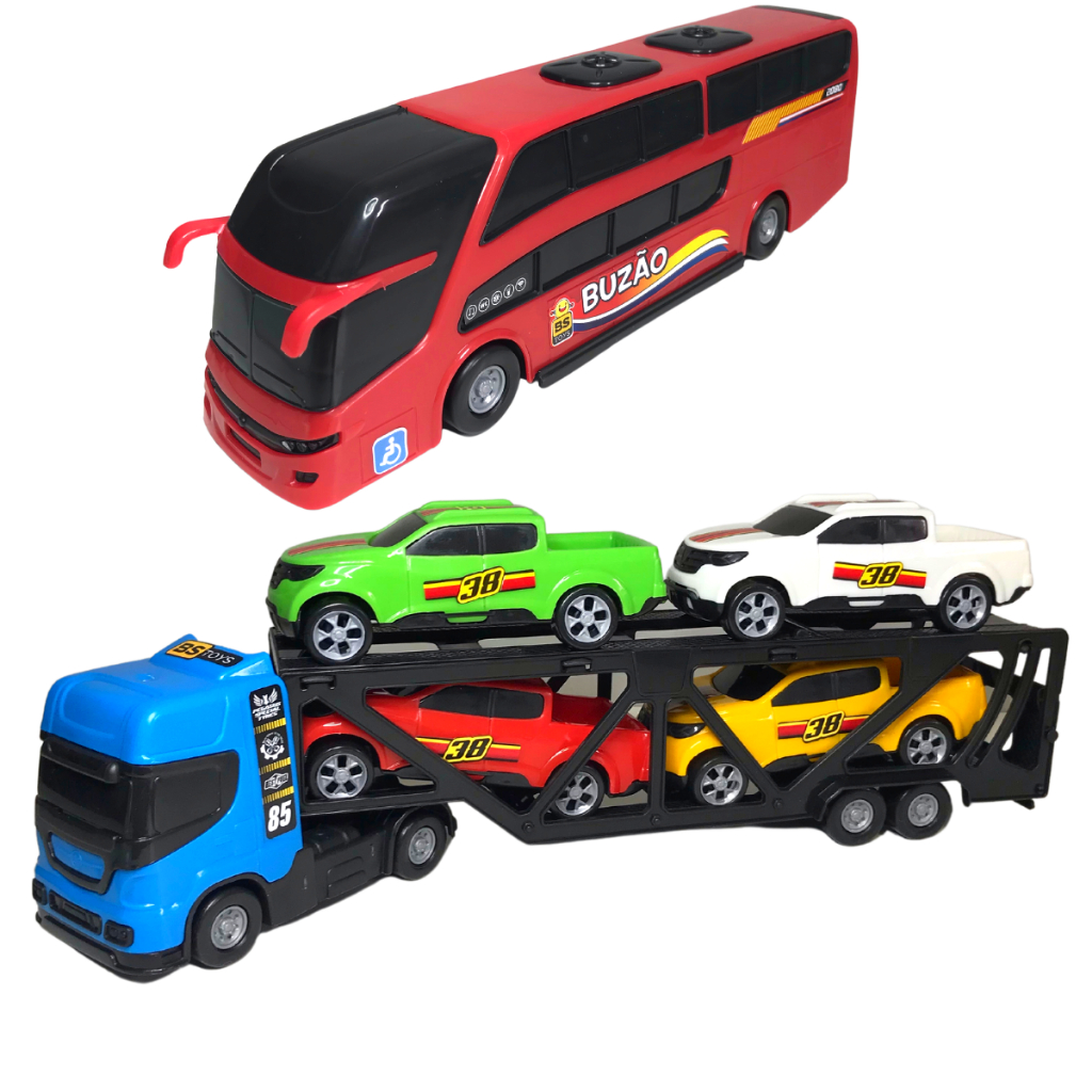 Caminhão Brinquedo Infantil Cegonha + Onibus + Reboque - Escorrega o Preço