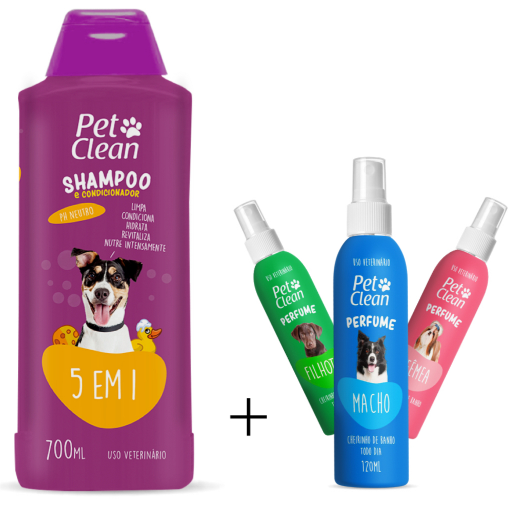 Shampoo pet 5 em 1 para cachorro caes e gatos + perfume Kit Higiene Pet Clean