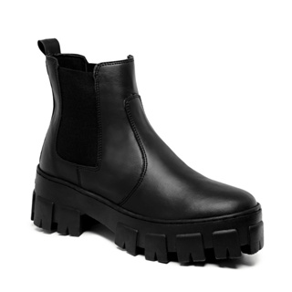 Bota Coturno Feminino Preto Tratorada Chelsea Macia Confortável Botinha Cano Médio Falcucci