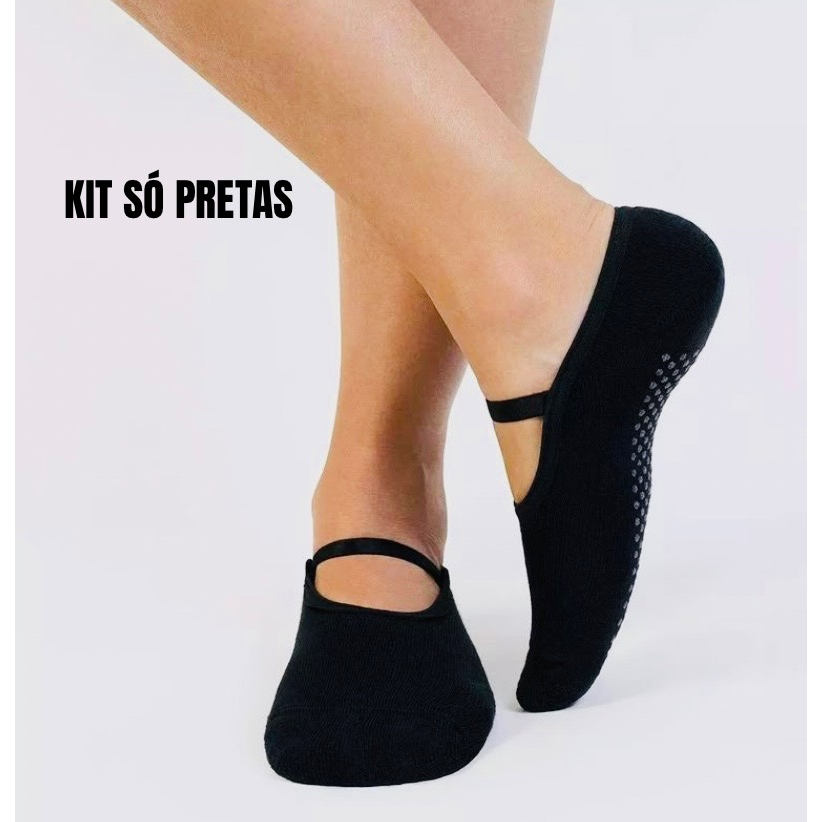 Kit 06 Pares de Meias Antiderrapantes Pilates Yoga Só Pretas Cores Preto  Meia Sapatilha Preta