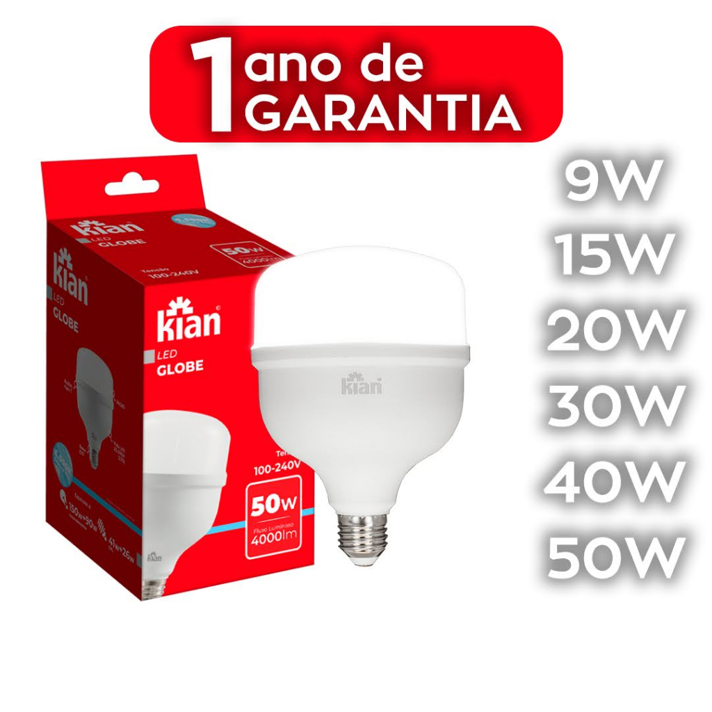 Lâmpada Led Super Bulbo 9w, 15w, 20w, 30w, 40w, 50w E27 Bivolt 6500K Branco