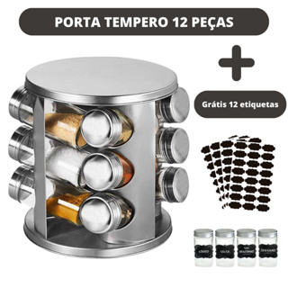 Porta Tempero e Condimento Suporte Giratório Inox 12 Potes de Vidro