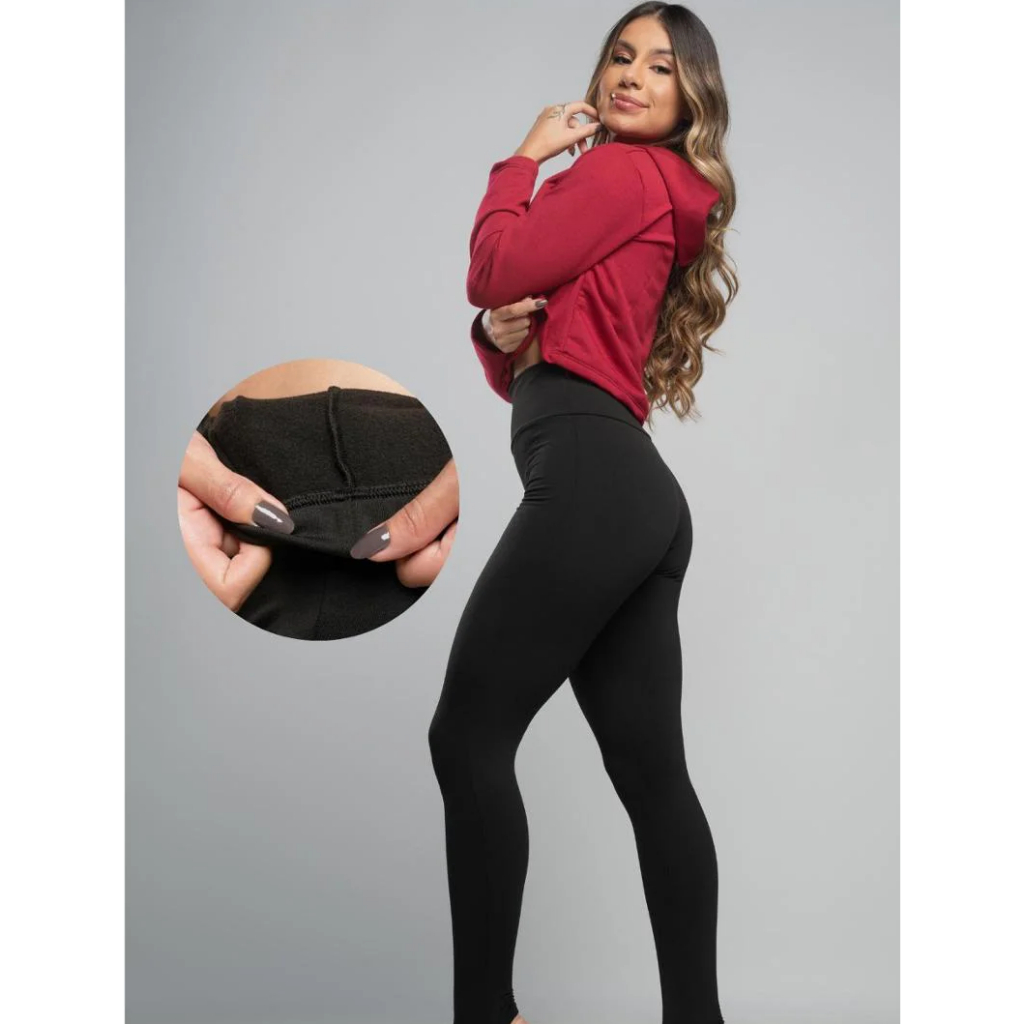 Calça Feminina Legging Sem Costura Peluciada Cintura Alta Preta