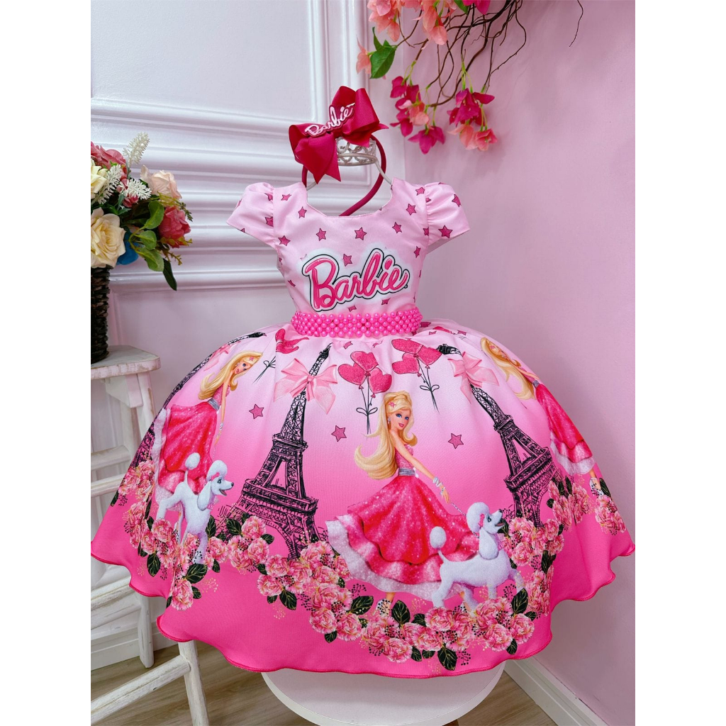 Vestido Barbie festa infantil personagens temático princesa 1 aninho a 8  anos rosa realeza luxo