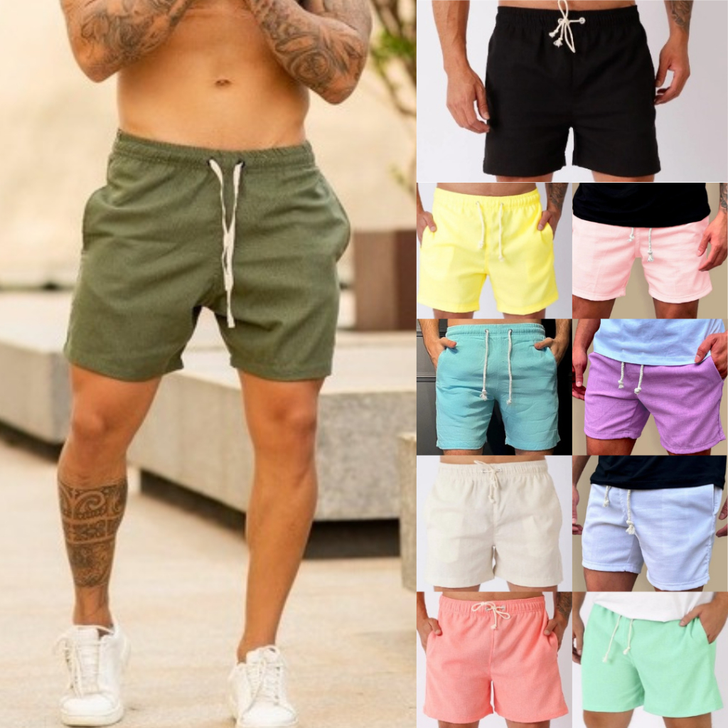 Short Em Linho Brim Masculino Mauricinho Cadarço e Bolsos Bermuda Moda Praia Moda Casual