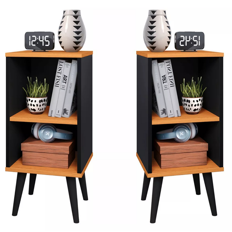 Kit 2 Mesa de Cabeceira Retrô com Prateleira Charme