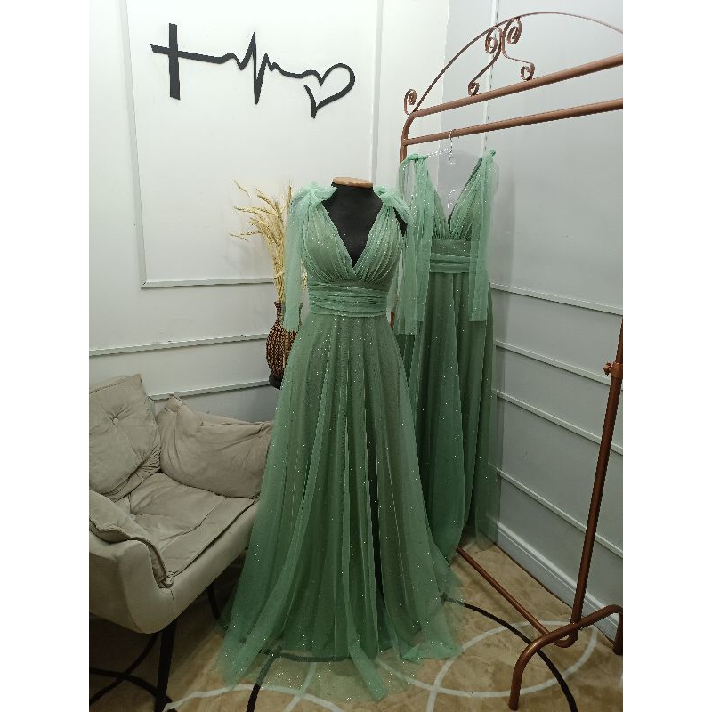Vestido Longo Madrinha Evase Brilho Terracota Verde Oliva