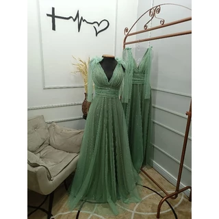 Vestido Longo Madrinha Evase Brilho Terracota Verde Oliva