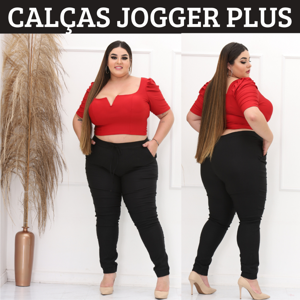 Calça Moletinho Feminino Plus Size Jogger Bolso Cargo Bege