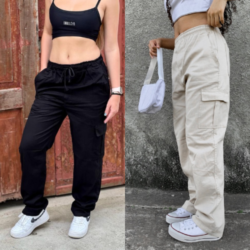 Calça cargo Sarja feminina com ajuste na cintura blogueira streetwear bege preta cáqui