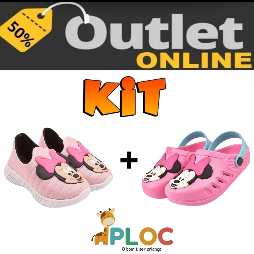 KIT 2 PARES PLOC - 1 TÊNIS CALCE FÁCIL + 1 BABUCHE (P03 ROSA + Bab03 ROSA MINNIE POÁ ROSA)