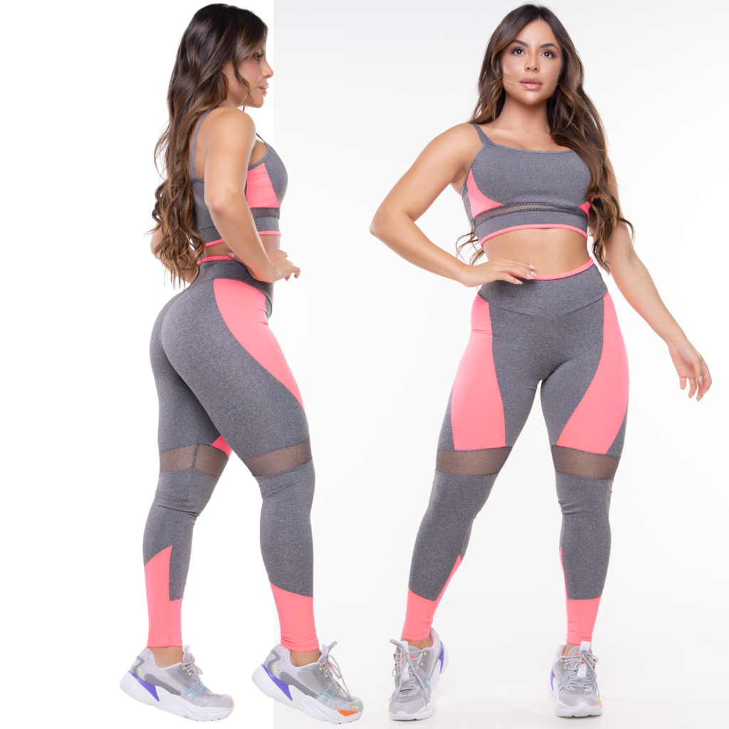 Conjunto Calça e Top Fitness Calça Preta e Cinza Leg Roupa de Academia Crossfit Legging