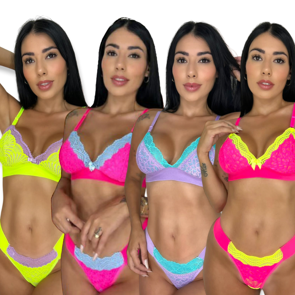 Promoção Kit 4 Conjuntos Lingerie Atacado Calcinha e Sutiã Renda Luxo Neon Moda  íntima feminina para Revenda