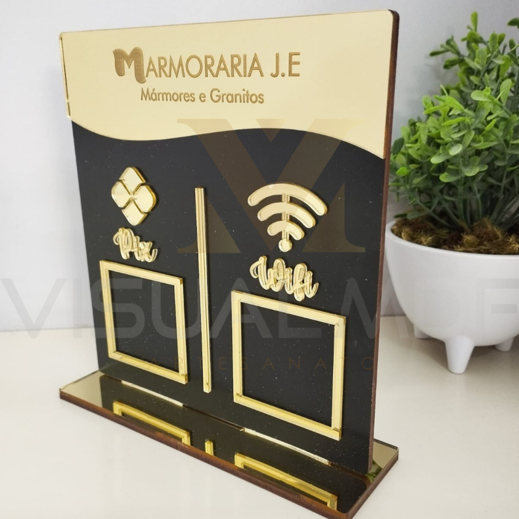 Placa Display 02 QR Code Pix Wifi Instagram Acrilico E Mdf Preto