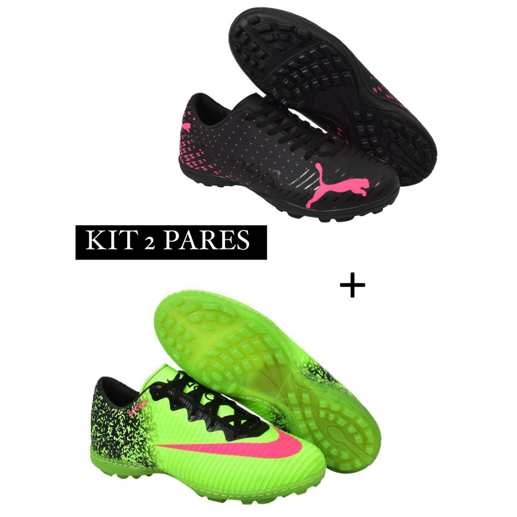 Kit 2 pares chuteira Adulta Costurada Confortavel Society Limão Nk + Pto Rosa Pm